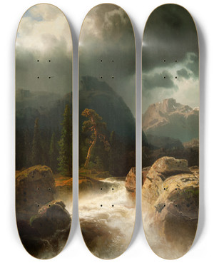 Triptych art skateboard deck of Marcus Larson Waterfall_2 by Marcus Larson (1825-1864)