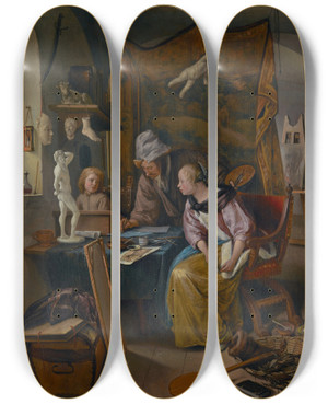 Triptych art skateboard deck of Jan Steen The Drawing Lesson by Jan Steen (1626-1679)