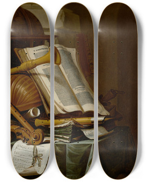 Triptych art skateboard deck of Jan Vermeulen Books A Globe And Musical Instruments On A Draped Table by Jan Vermeulen (1638-1674)