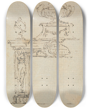 Triptych art skateboard deck of Joseph Wilton Design For A Chimneypiece_1 by Joseph Wilton (1722-1803)