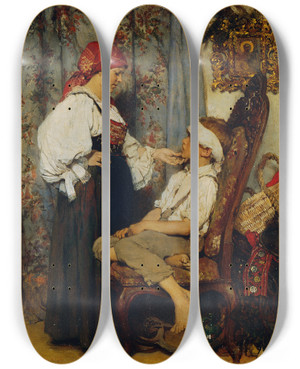 Triptych art skateboard deck of Franz Rumpler Der Kleine Patient by Franz Rumpler (1848-1922)