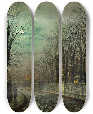 Triptych art skateboard deck of John Atkinson Grimshaw The Tryst by John Atkinson Grimshaw (1836-1893)