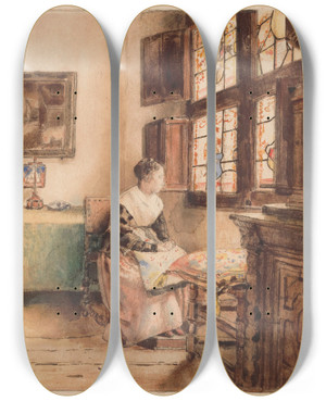 Triptych art skateboard deck of Henri De Braekeleer Waiting by Henri de Braekeleer (1840-1888)