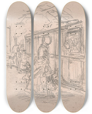 Triptych art skateboard deck of John Leech Boarding A Train by John Leech (1817-1864)