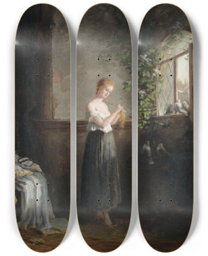 Triptych art skateboard deck of Paul Wichmann Ein Junges Mdchen Flicht Ihre Zpfe by Paul Wichmann (1846-1878)