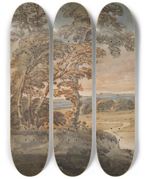 Triptych art skateboard deck of George Chinnery Trees On A Hillside Path by George Chinnery (1774-1852)