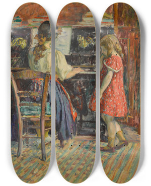 Triptych art skateboard deck of Henri Lebasque La Leon De Piano Marthe Et Nono by Henri Lebasque (1865-1937)