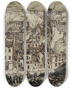 Triptych art skateboard deck of Auguste Louis Lepre Termonde by Auguste Louis Lepere (1849-1918)