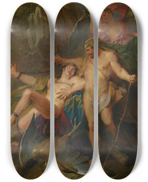 Triptych art skateboard deck of Nicolas Bertin Hercules Freeing Prometheus by Nicolas Bertin (1668-1736)