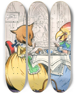 Triptych art skateboard deck of Charles Henry Bennett The Fox And The Grapes by Charles H Bennett (1828-1867)