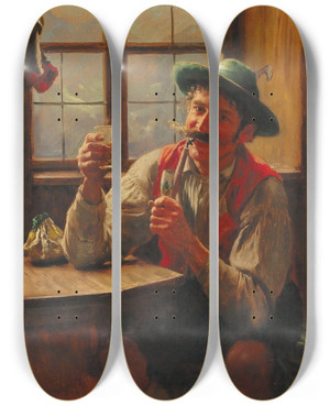 Triptych art skateboard deck of Emil Rau Young Farmer With Pipe by Emil Rau (1858-1937)