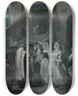 Triptych art skateboard deck of Moritz Daniel Oppenheim The Wedding Die Trauung by Moritz Daniel Oppenheim (1800-1882)
