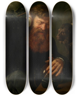 Triptych art skateboard deck of Albert Lang Der Zecher by Albert Lang (1847-1933)