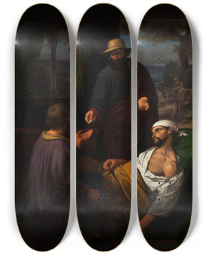 Triptych art skateboard deck of Emil Andersen The Good Samaritan by Emil Andersen (1817-1845)
