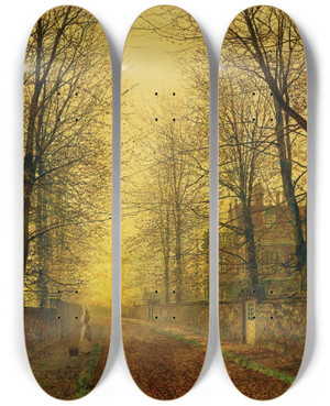 Triptych art skateboard deck of John Atkinson Grimshaw In Autumns Golden Glow by John Atkinson Grimshaw (1836-1893)