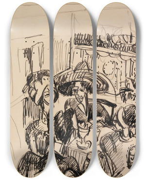 Triptych art skateboard deck of Ernst Ludwig Kirchner Unterhaltung Im Caf by Ernst Ludwig Kirchner (1880-1938)