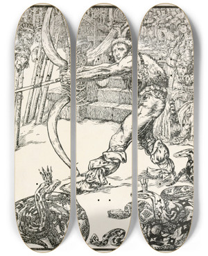 Triptych art skateboard deck of Noel Nisbet Ivan Golik Drew The Bow by Noel Nisbet (1887-1956)