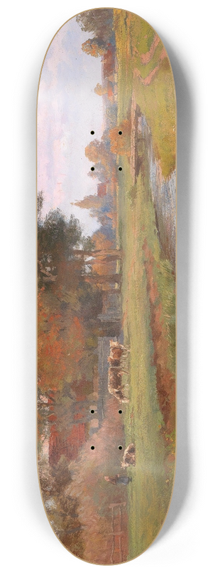 Hugo Darnaut - River Landscape with Small Herd of Cows and a Village in the background 8.25 inch art skate deck