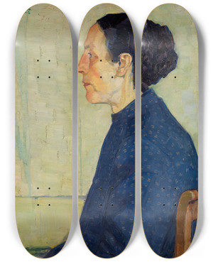 Triptych art skateboard deck of Theodor Schindler Profilbild Einer Sitzenden Frau In Halbfigut by Theodor Schindler