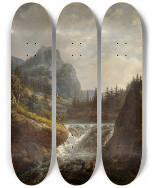 Triptych art skateboard deck of Johan Christian Dahl Norwegian Landscape by Johan Christian Dahl (1788-1857)