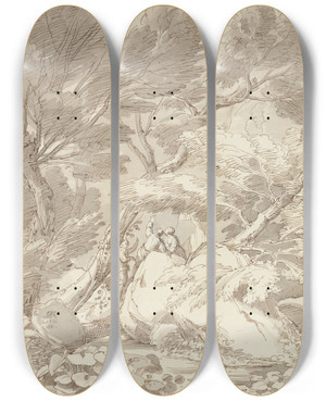 Triptych art skateboard deck of John White Abbott Figures On A Rocky River Bank At Canonteign Devon by John White Abbott (1763-1851)