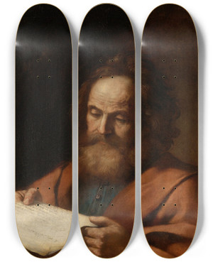 Triptych art skateboard deck of Guercino Saint Luke by Guercino (1591-1666)