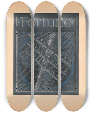 Triptych art skateboard deck of Winold Reiss Graphic Designs For Fortune Magazine Study For Cover With Large Telephone Lines Superimposed Over The Globe by Winold Reiss (1886-1953)