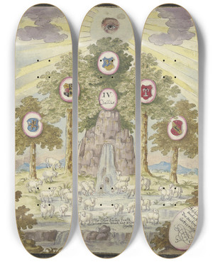 Triptych art skateboard deck of Johann Esaias Nilson Felsenquelle Unter Einer Baumgruppe by Johann Esaias Nilson (1721-1788)