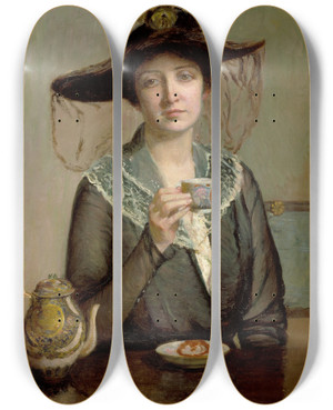 Triptych art skateboard deck of Lilla Cabot Perry A Cup Of Tea by Lilla Cabot Perry (1848-1933)
