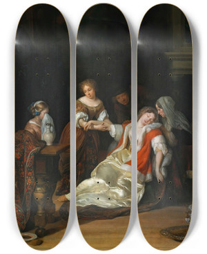 Triptych art skateboard deck of Eglon Van Der Neer The Fainting Fit by Eglon van der Neer (1635-1703)