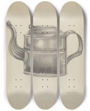 Triptych art skateboard deck of Grace Halpin Teapot by Grace Halpin