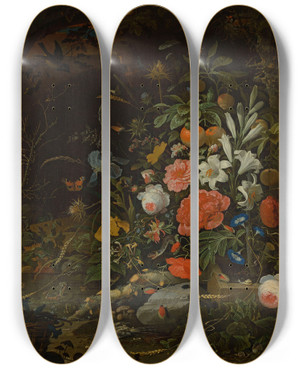 Triptych art skateboard deck of Abraham Mignon Flowers And Tiny Creatures Vanitas by Abraham Mignon (1640-1679)