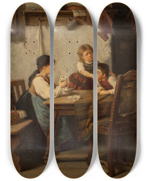 Triptych art skateboard deck of Carl Robiczek The Mischief by Carl Robiczek (1839-1918)