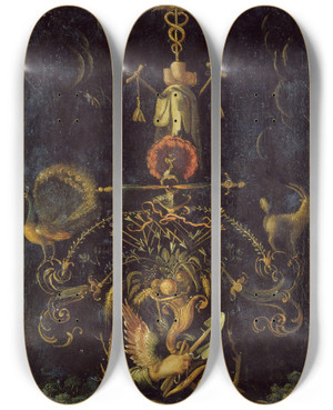 Triptych art skateboard deck of Karel Van Mander Emblematic Representation by Karel Van Mander (1548-1606)
