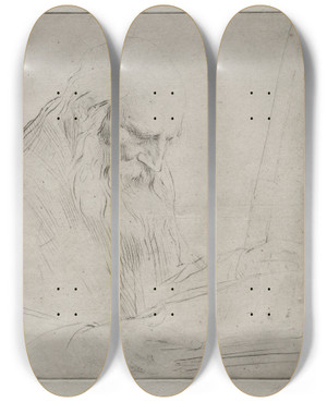 Triptych art skateboard deck of Alphonse Legros Study Of A Man Reading by Alphonse Legros (1837-1911)