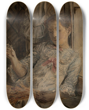 Triptych art skateboard deck of Xavier Mellery The Artists Daughter by Xavier Mellery (1845-1921)