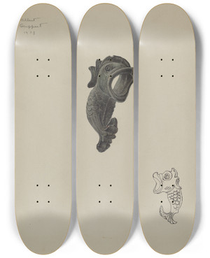 Triptych art skateboard deck of Albert Geuppert Dolphin Ornament by Albert Geuppert