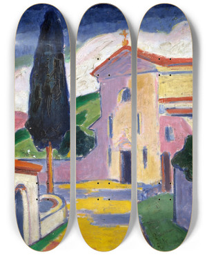 Triptych art skateboard deck of Carl Newman Church With Cedar Tree On Left by Carl Newman (1858-1932)