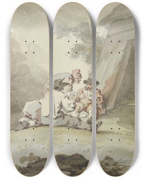 Triptych art skateboard deck of Gottlieb Welt Vier Mnner Vor Einer Htte Am Boden Sitzend Oder Hockend Beim Kartenspiel by Gottlieb Welte (1745-1792)