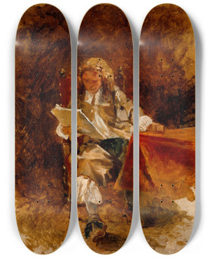 Triptych art skateboard deck of Ernest Meissonier Study Of A Seated Cavalier Reading by Ernest Meissonier (1815-1891)