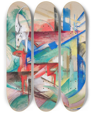 Triptych art skateboard deck of Franz Marc Landscape With Animals by Franz Marc (1880-1916)