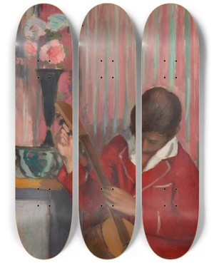 Triptych art skateboard deck of Henri Lebasque Pierre Lebasque Jouant De La Guitare by Henri Lebasque (1865-1937)