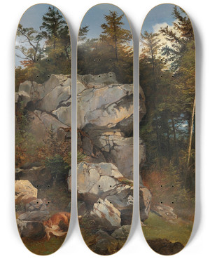 Triptych art skateboard deck of Carl Borromus Andreas Ruthart Burde Fuchs Mit Beute In Felsiger Landschaft by Carl Borromaus Andreas Ruthart (1630-1703)