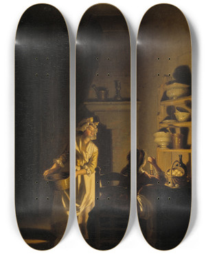 Triptych art skateboard deck of Pehr Hillestrm Testing Eggs Interior Of A Kitchen by Pehr Hillestrom (1732-1816)