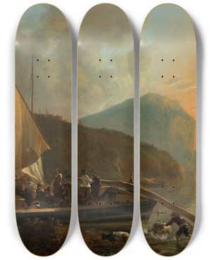 Triptych art skateboard deck of Adam Pynacker Italianate River Landscape by Adam Pynacker (1615-1673)