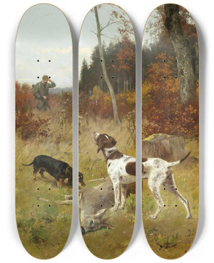 Triptych art skateboard deck of Josef Schmitzberger Erfolgreiche Jagd by Josef Schmitzberger (1851-1930)