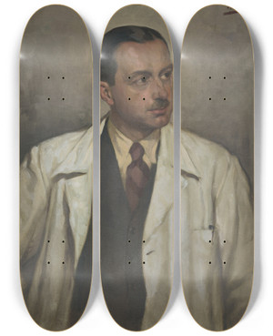 Triptych art skateboard deck of Viktor Kiss Man In A White Coat by Viktor Kiss (1902-1940)