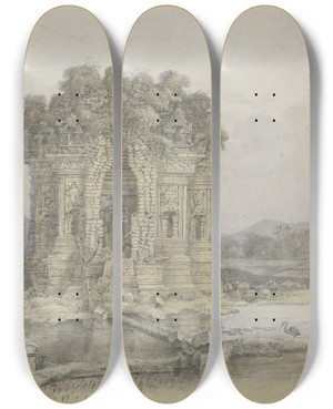 Triptych art skateboard deck of Adrianus Johannes Bik Candi Kalasan Bij Yogyakarta Middenjava by Adrianus Johannes Bik (1790-1872)