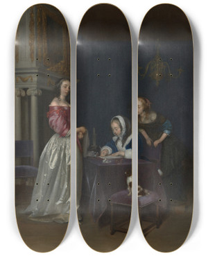 Triptych art skateboard deck of Gerard Ter Borch Curiosity by Gerard Ter Borch (1617-1681)