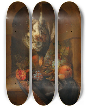 Triptych art skateboard deck of Jan Weenix A Partridge And Fruit In A Partially Draped Niche by Jan Weenix (1641-1719)